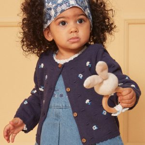 Cardigan bleu marine texturé à fleurs brodées