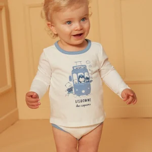 Body t-shirt écru et bleu clair à motifs tramway et animaux