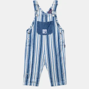 Salopette longue bleu et blanc en denim à imprimé à rayures