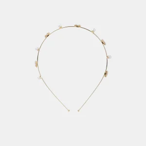 Serre-tête en métal doré perles et fleurs