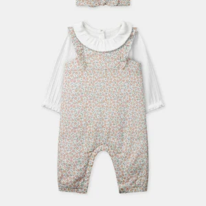 Ensemble combinaison imprimé fleuri + body + bandeau Naissance Fille