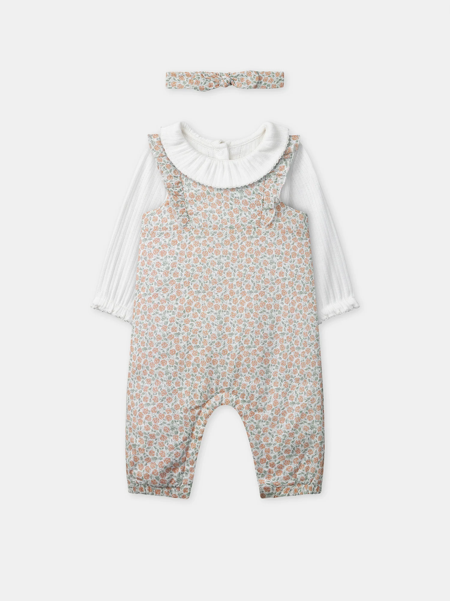 Ensemble combinaison imprimé fleuri + body + bandeau Naissance Fille