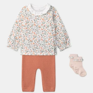 Ensemble sweat imprimé fleuri + legging + chaussettes Naissance Fille