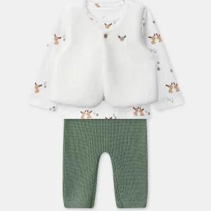 Ensemble t-shirt imprimé cerf + gilet + pantalon Naissance Garçon