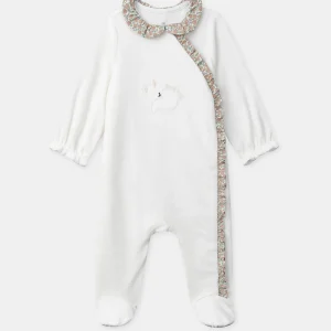Grenouillère blanche en velours et fleuri Naissance Fille
