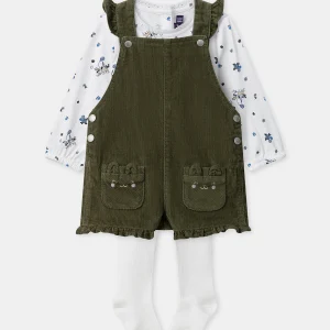 Ensemble salopette kaki en velours + body imprimé chien + collant Bébé Fille