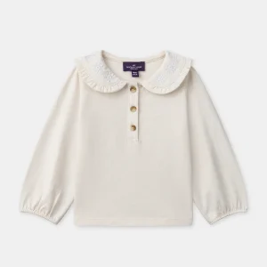 T-shirt écru à col claudine et broderies fleurs Bébé Fille