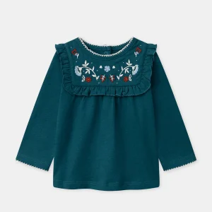 T-shirt bleu à broderies fleurs Bébé Fille