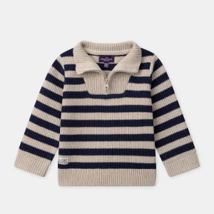 Pull écru à rayures bleu foncé demi-zip et col Bébé Garçon