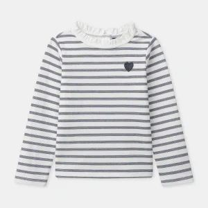 T-shirt blanc à rayures bleu marine et manches longues Fille