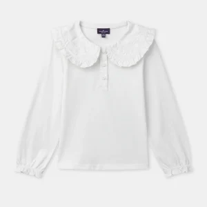 Blouse blanche à col claudine et broderies pommes Fille