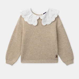 Pull beige en maille à col dentellé Fille