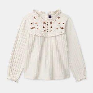 T-shirt écru à broderies glands et manches longues Fille