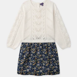 Robe bi-matière pull écru et bas imprimé fleuri Fille