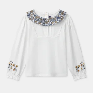T-shirt blanc à col imprimé fleuri et manches longues Fille