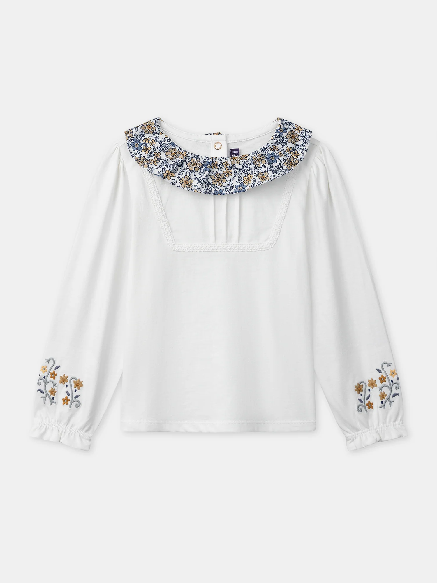 T-shirt blanc à col imprimé fleuri et manches longues Fille – Image 2