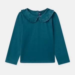 T-shirt bleu à col claudine et manches longues Fille