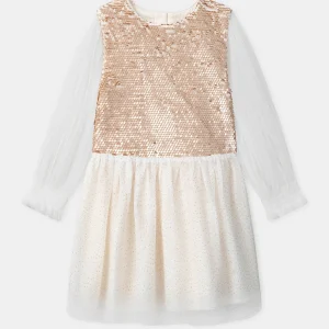 Robe Noël bi-matière écru à sequins et tulles Fille