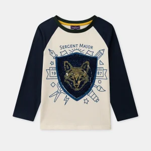 T-shirt écru à sequins et manches longues Garçon