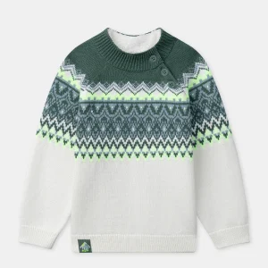 Pull blanc et vert à motif jacquard Garçon