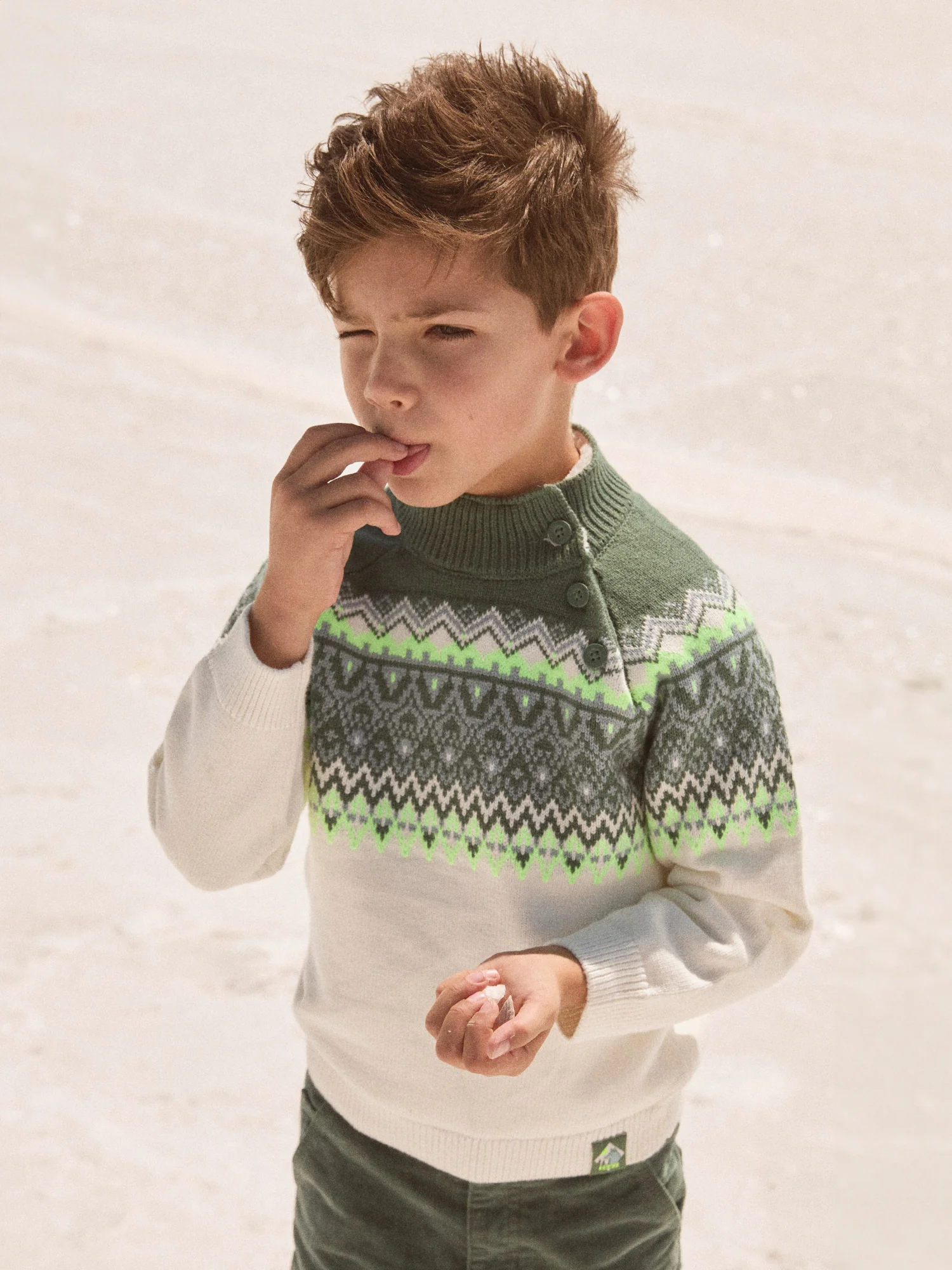 Pull blanc et vert à motif jacquard Garçon – Image 3