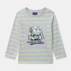 T-shirt gris à rayures jaunes fluo et manches longues Garçon