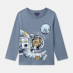 T-shirt gris imprimé astronaute à manches longues Garçon