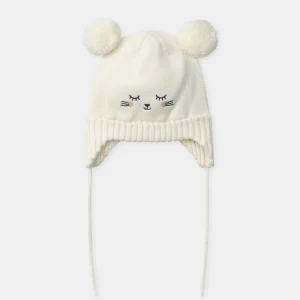 Bonnet écru en maille visage chat et pompon Bébé Fille
