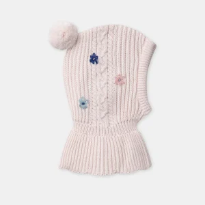 Cagoule rose en maille à broderie fleurs et ponpom Bébé Fille