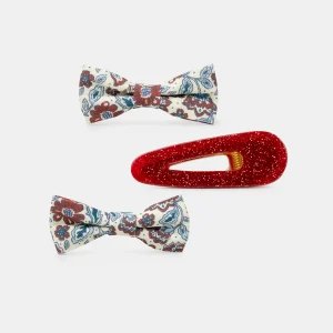 3 barrettes écru imprimé fleuri ou rouge paillettés Fille