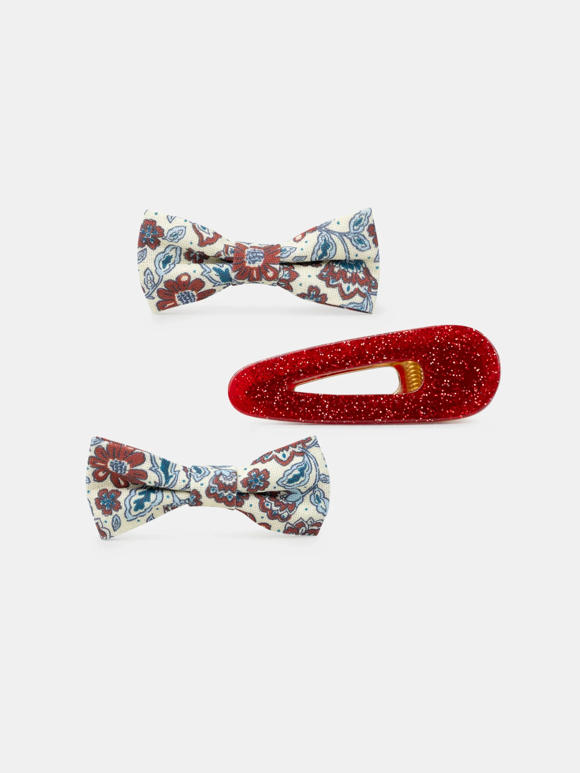 3 barrettes écru imprimé fleuri ou rouge paillettés Fille – Image 2