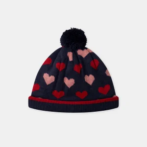 Bonnet bleu foncé en maille à pompon et motif cœurs Fille