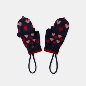 Gant bleu foncé en maille à motif cœurs Fille