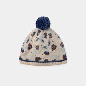 Bonnet beige en maille à motif fleurs avec pompom Fille