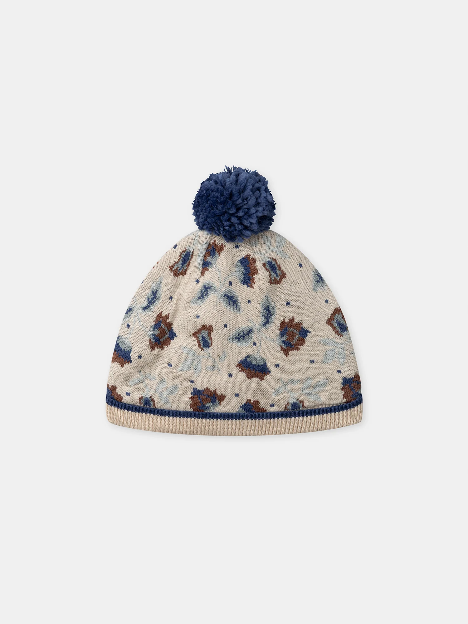 Bonnet beige en maille à motif fleurs avec pompom Fille – Image 2