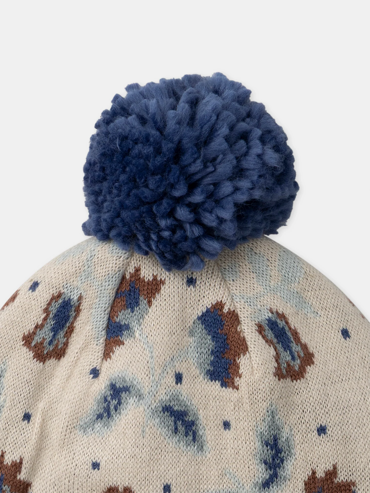 Bonnet beige en maille à motif fleurs avec pompom Fille – Image 3
