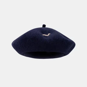 Béret bleu foncé à broderie chien et cœur Fille
