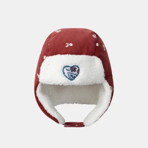 Chapka rouge en velours à broderies fleurs Fille