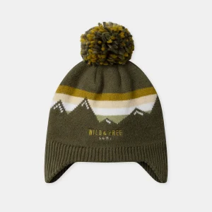 Bonnet cache oreille kaki en maille avec pompom Garçon