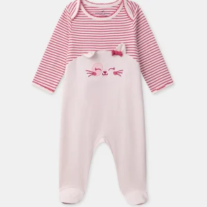 Grenouillère rose à rayures et rose uni Bébé Fille