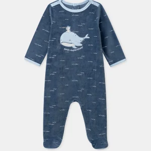Grenouillère bleu en velours à broderie baleine oiseau Bébé Garçon