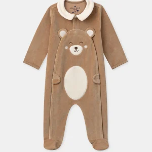 Grenouillère en velours marron avec ours Bébé Garçon