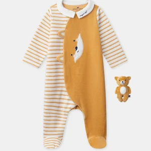 Grenouillère uni et à rayures orange visage renard + peluche renard Bébé garçon