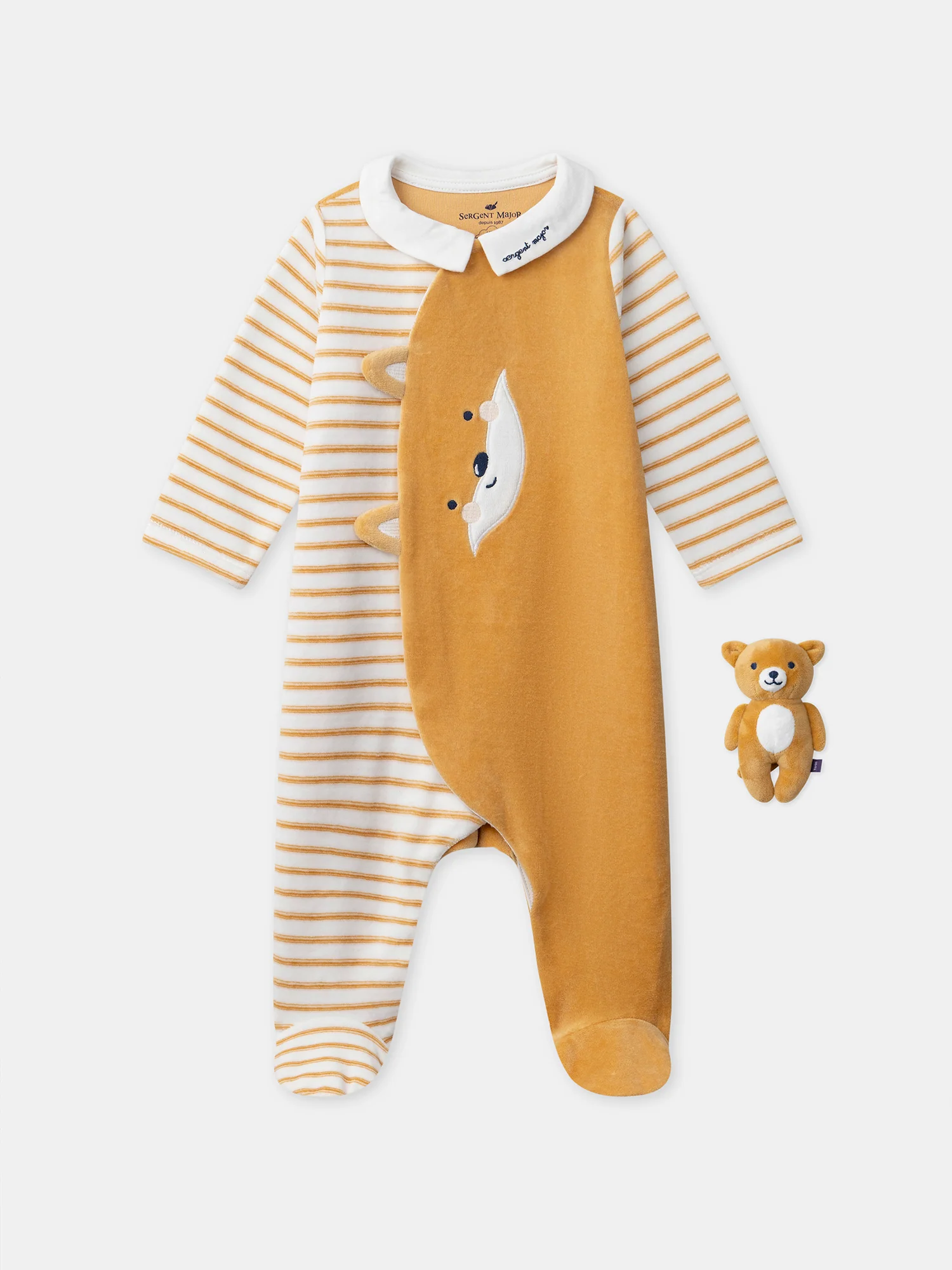 Grenouillère uni et à rayures orange visage renard + peluche renard Bébé garçon