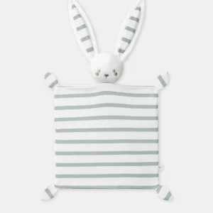 Doudou lapin écru à rayures bleu grisées Naissance Garçon