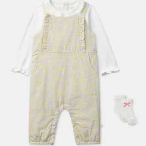Ensemble combinaison fleuri + body écru + chaussettes à ruban Naissance Fille
