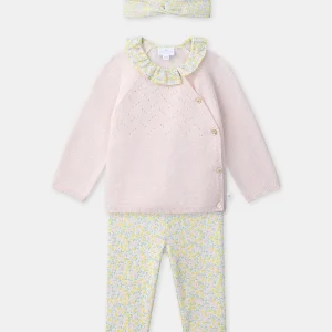 Ensemble pull rose + legging fleuri + bandeau fleuri Naissance Fille