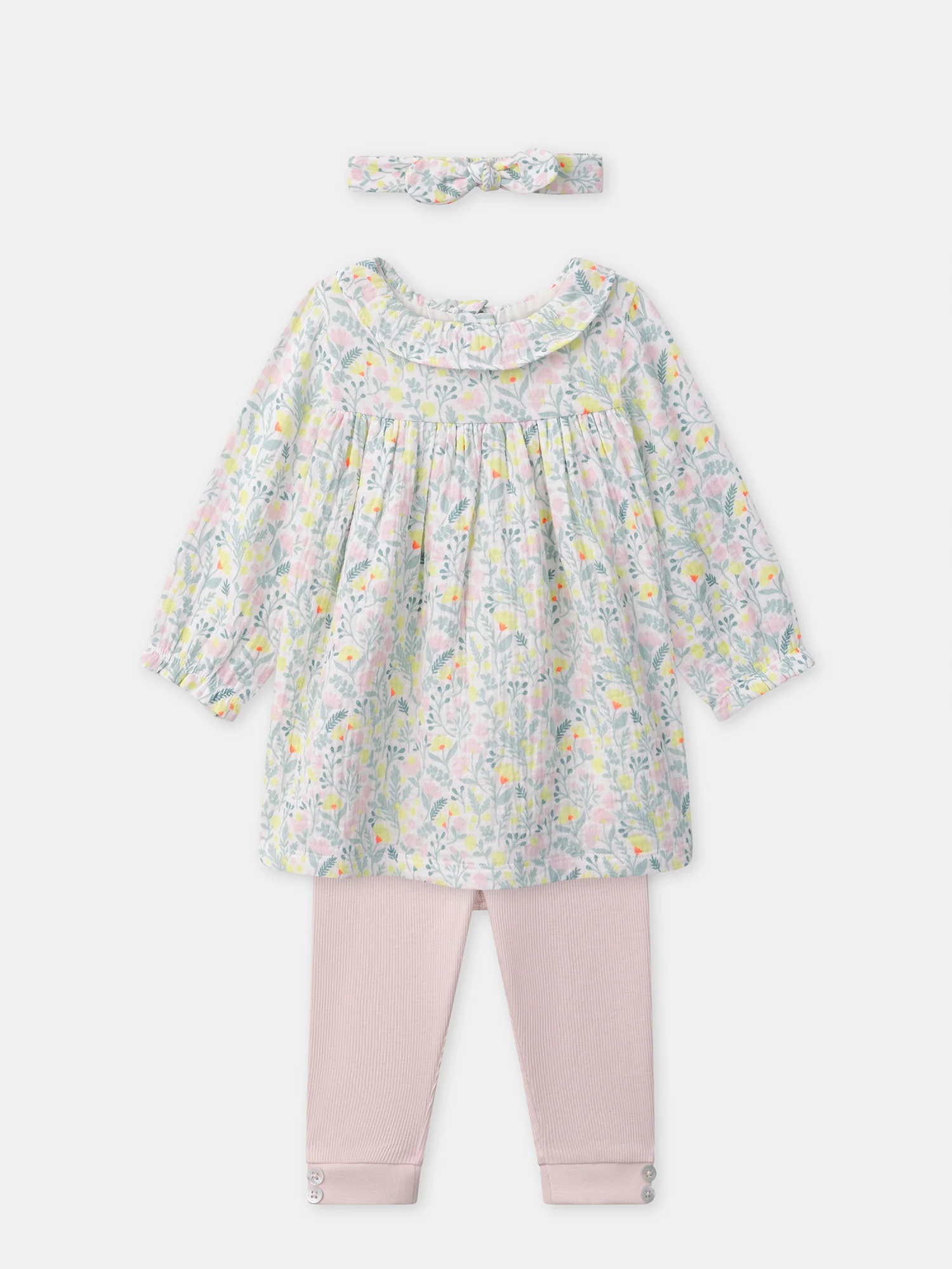 Ensemble robe imprimé fleuri + legging rose + bandeau Naissance Fille