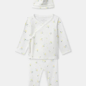 Ensemble haut + pantalon + bonnet imprimé feuillage Naissance Fille