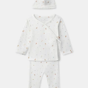 Ensemble haut + pantalon + bonnet écru imprimé feuillages Naissance Mixte
